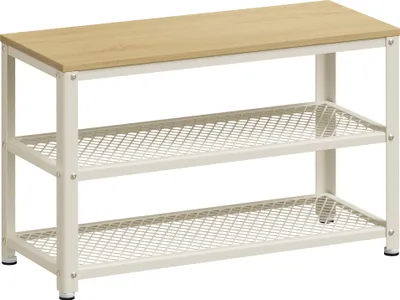A three-tiered shoe bench with a wooden top and white metal frame and shelves, shown against a white background.