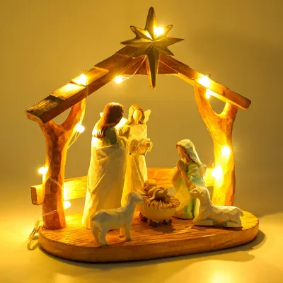 Weihnachtskrippe mit LED-Beleuchtung, 7-teilig, für Innen