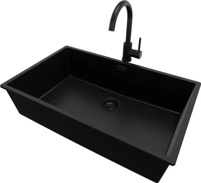 Produktbild von PRIMAGRAN Granitspüle Alles Schwarz 76x47cm, Spülbecken 1 Becken + Küchenarmatur 32x20cm + Ablauf-Set, Küchenspüle ab 80er Unterschrank - London Slim