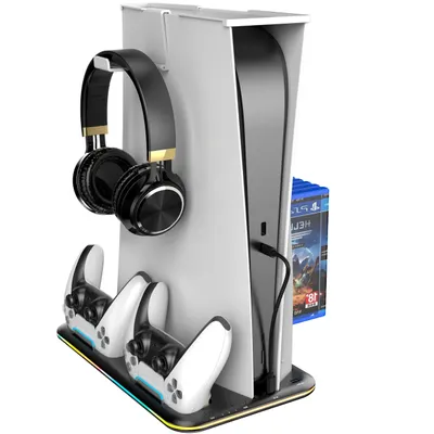 Produktbild von PS5 Ständer mit 3 stufig Lüfter und RGB Licht Controller-Ladestation，PS5 Controller Ladestation，Headset Halterung und mit 6 Spiele Lagerung
