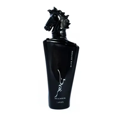 A black perfume bottle with a horse head cap.