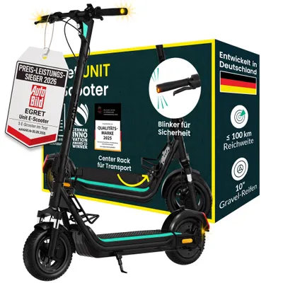Produktbild von E-Scooter mit Straßenzulassung (ABE) 1890W, 100 km, 2x Federung & Gepäckträger, 130 kg Traglast, 10" Luftreifen, App – Egret Unit, KI-generiertes Bild