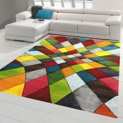 Immagine prodotto di Tappeto moderno per soggiorno, design astratto, motivo a rombi colorato (verde, giallo, arancione) - facile da pulire - Dimensioni: 160 x 230 cm