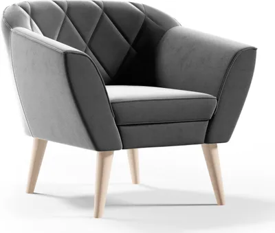 Produktbild von Sofello Sessel aus Velour Samt grau KARO Relaxsessel Fernsehsessel im Skandinavischen Stil Polstersessel auf hohen Holzbeinen hohe Füsse moderne Steppung