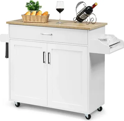Immagine prodotto di Carrello da cucina - Isola da cucina - Portasciugamani - Scaffale per spezie - Cassetto - Ripiano regolabile in altezza - Legno - Bianco