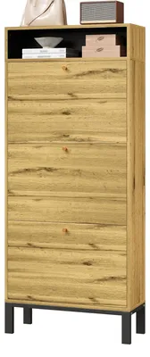 Produktbild von Schuhschrank - 147 cm, Holzoptik - 3 Klappen und offene Regale - Schlanke Eisenbeine - Platzsparendes schmales Design