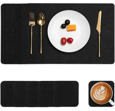 Productafbeelding van Servies set, vaatwasmachinebestendig, lederen, antislip, onderzetters, set van 6, zwart