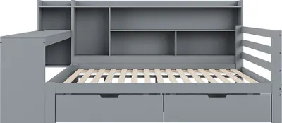 Produktbild von Flieks Tagesbett Holzbett Schlafsofa 140x200cm mit Ladefunktion und 2 Schubladen, Daybed Doppelbett mit Schreibtisch und Regal, Jugendbett Grau