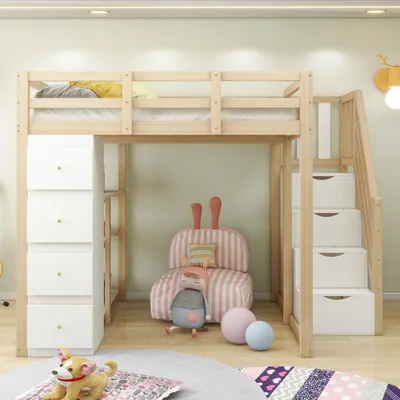 Obrázek produktu pro MODFU Vysoká postel Dětská postel 140x200 cm s ochranou proti pádu a úložnou zásuvkou, Multifunkční masivní dřevěná postel s bezpečnostním lezeckým žebříkem, Studentská postel, Přírodní