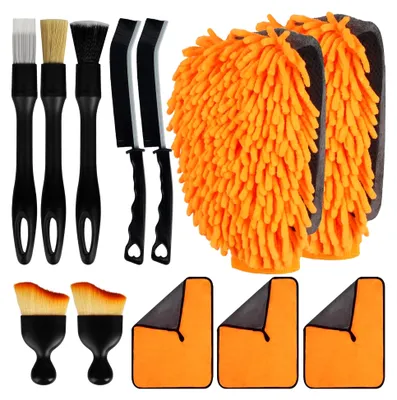 Produktbild von 12-teiliges Autopflege-Set – 3 Mikrofasertücher, 2 Mikrofaser-Waschhandschuhe, 2 weiche Innenraum-Bürsten, 3 Detailbürsten, 2 Spaltbürsten, Reinigungsset für Auto und Haushalt