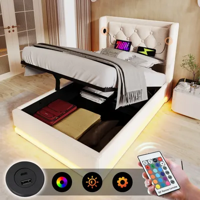 A modern bed with storage and LED lighting, showcasing its features.
