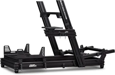 A black racing simulator cockpit frame is shown against a white background.