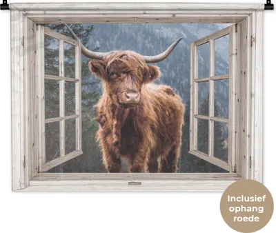 Produktbild von MuchoWow® Wandteppich Wandbehang Schottisches Hochlandrind - Berg - Kuh - Aussicht 90x67.5 cm Tapisserie Dekoration Wandtuch - Fototeppich - Wand-Skulpturen