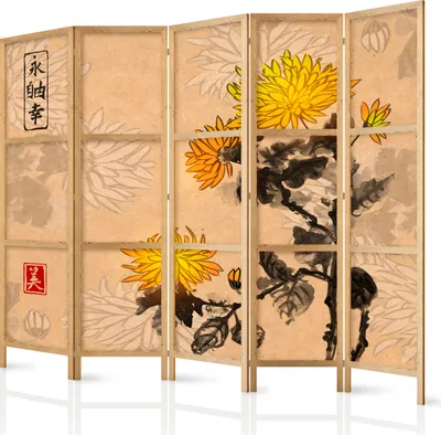 Produktbild von Paravent XXL Blumen 225x171 cm 5-teilig einseitig eleganter Sichtschutz Raumteiler Trennwand Raumtrenner Holz Design Motiv Deko Home Office Japan p-B-0004-z-c