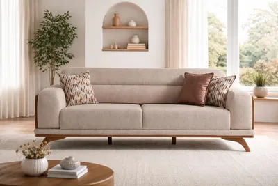Zdjęcie produktu dla Wysokiej jakości sofa w kolorze beżowym, 3-osobowa, do salonu, wygodna, stylowa