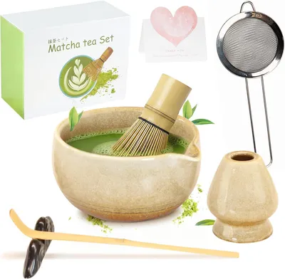 Produktbild von Matcha Tee Set 7-teilig, Matcha Schale mit Ausguss, Bambusbesen, 100+ Punkte, für die Teezeremonie