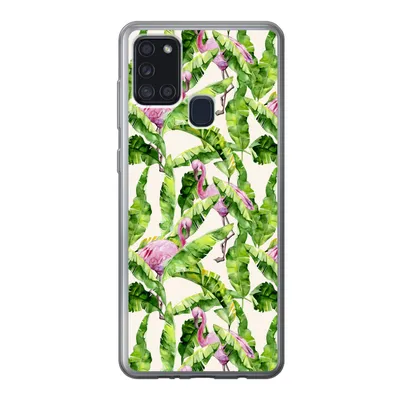 Produktbild von MuchoWow® Handyhülle Schutzhülle Hülle für Samsung Galaxy A21s Flamingo - Blätter - Muster Silikon Softcase Handy Hülle - Hartschale