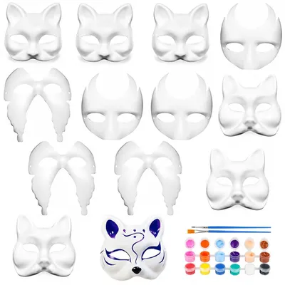 Produktbild von Set mit 12 weißen Masken aus Papier-Maché zum selbstgestalten