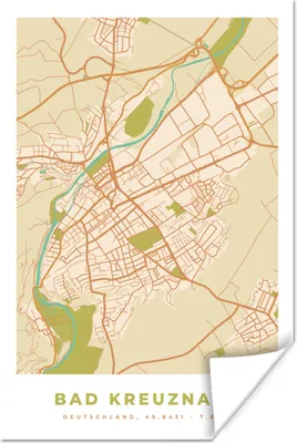 Produktbild von MuchoWow® Poster Karte - Vintage - Stadtplan - Bad Kreuznach - Karte 60x90 cm - Wanddekoration