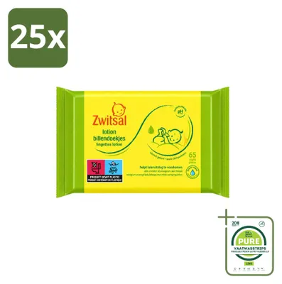 Imagen del producto de 25 paquetes de toallitas húmedas Zwitsal para bebés, formuladas para pieles sensibles, cada paquete contiene 65 unidades. Paquete grande: 25 paquetes