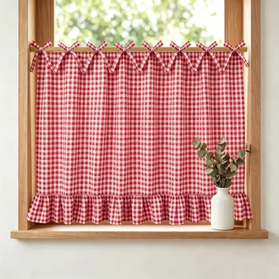 Produktbild von Scheibengardine Buffalo Plaid Landhausstil mit Rüschen Kurzgardine Bistrogardine für Küche Schlafzimmer Wohnmobil Esszimmer, Rot, B77xH55cm