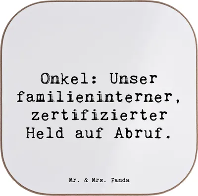 Produktbild von Mr. & Mrs. Panda Untersetzer Tasse Spruch Onkel-Held - Weiß - Geschenk, Jubiläen, Holzuntersetzer, handgemacht, gläseruntersetzer, Held, Familienangehöriger, Familie