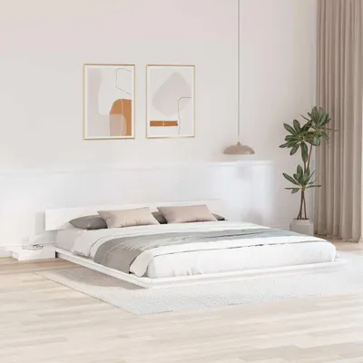 Image de Lit double exclusif - Structure de lit blanche, dimensions 200 x 200 cm, en bois