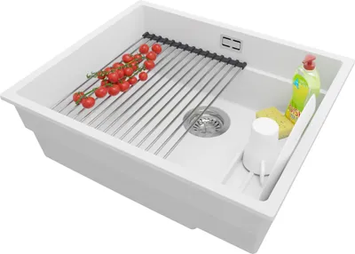 Produktbild von PRIMAGRAN Spülbecken Weiß 56x47cm, Granitspüle 1 Becken + Ablauf-Set + Aufrollbare Abtropffläche, Küchenspüle ab 60er Unterschrank - Praga Slim