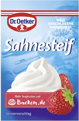 A product package for Dr. Oetker Sahnesteif, featuring whipped cream and strawberries.