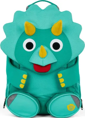 A green dinosaur-shaped backpack for kindergarten children.