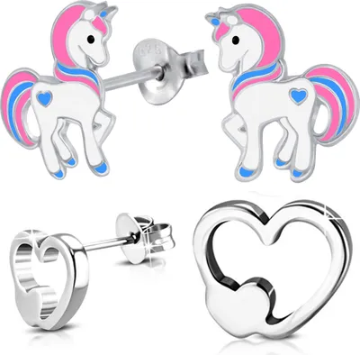 Produktbild von 2x Kinder Ohrringe Echt 925 Silber Pferde Einhorn Mädchen Ohrstecker Herz Edelstahl K674+K179