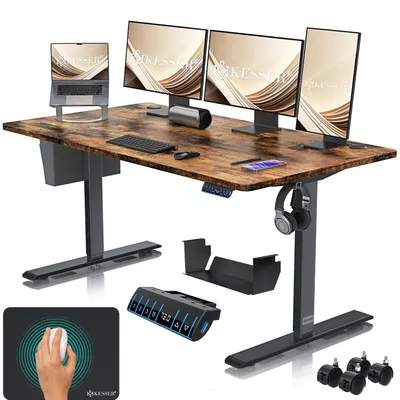 Produktbild von KESSER® Schreibtisch elektrisch & höhenverstellbar Computertisch Ergonomisch Stehen & Sitzen 3-Memory 360° Rollen USB-Ladeanschluss 160x70cm Braun