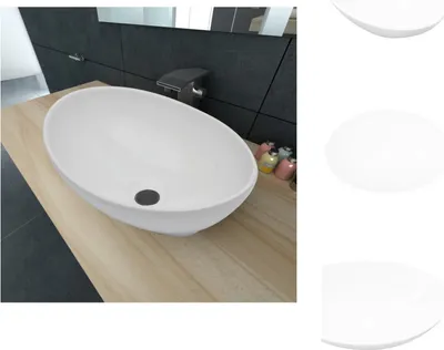A white oval ceramic sink sits on a wooden countertop in a modern bathroom setting.