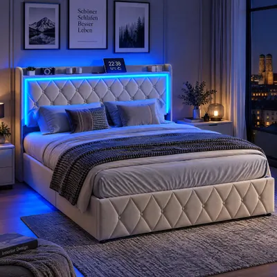 Productafbeelding van Boxspringbed 160x200 met opbergruimte, met LED-verlichting en USB-poorten, bedframe met lattenbodem en hoofdeinde, bed met opbergruimte, hydraulische opbergruimte, fluweel, beige (zonder matras)