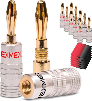 Produktbild von 12x Bananenstecker NEXMEX mit Schrumpfschlauch High End Bananas 24K vergoldet