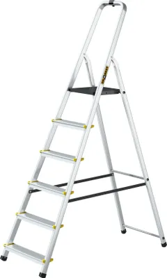 A silver aluminum step ladder with black steps and yellow accents, shown against a white background.