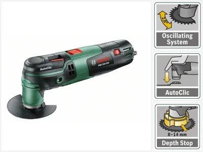 Zdjęcie produktu dla Bosch PMF 250 CES, Cięcie, Szlifowanie, Piłowanie, Skrobanie, Czarny, Zielony, Czerwony, 20000 OPM, 15000 OPM, 1,4°, Prąd przemienny