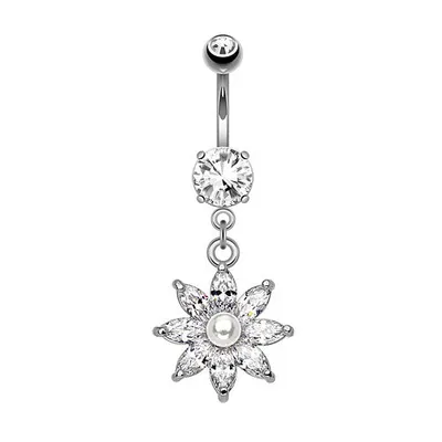 Produktbild von Taffstyle Bauchnabelpiercing Bauchnabelpiercing Schmuck Blumen Blüte Kristall Anhänger mit Perle, Silber