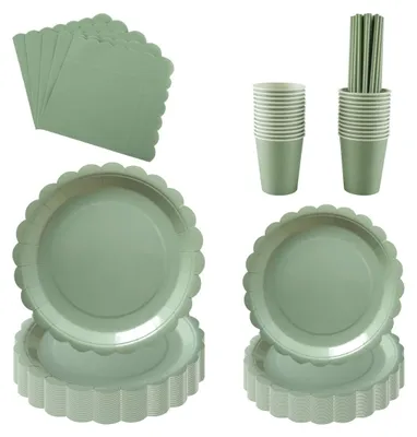 Productafbeelding van Sage Green Papieren Borden, Servetten en Bekers Set - 125 Stuks voor Feestdecoratie