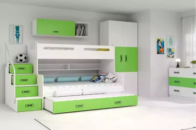 Produktbild von Kinderhochbett mit Zustellbett und Matratzen 80x200 IDA 3 – Weiß / Grün