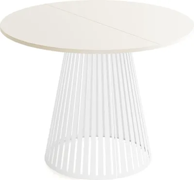 Produktbild von Esstisch Rund Ausziehbar mit Lamellen im Loft-Stil – 120 bis 200 cm – Industrieller Tisch mit Weißen Metallbeinen, Platzsparend für Wohnzimmer oder Esszimmer – Beige Cashmere