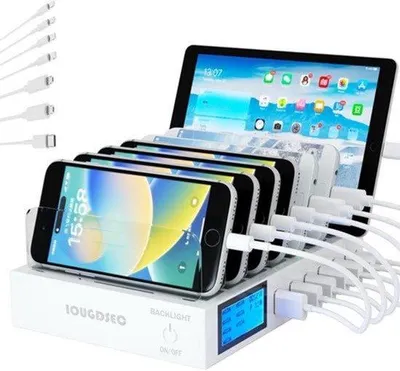 Productafbeelding van Snel oplaadstation PD20W QC3.0 Multi USB-poorten, 7-in-1 laadstation voor meerdere apparaten met LCD-scherm, compatibel voor iPhone, iPad, Samsung, Huawei en meer