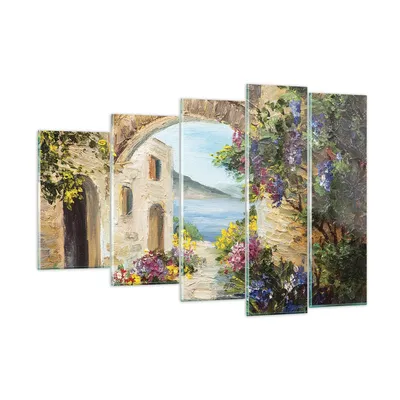 Produktbild von Bilder auf glas - 5 Teile - Haus Santorini Blumen - 150x100cm - Glasbilder - Wandbilder - Bilder - zum Aufhängen bereit - Wanddekoration aus Glas - Glas Bilder - Wandbild auf Glas - GEG150x100-4191