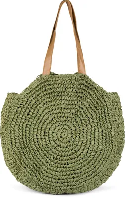 Produktbild von styleBREAKER runde Damen Basttasche mit langen Henkeln | Geflochtene Korbtasche als Strandtasche oder Shopper | Großes Hauptfach mit Reißverschluss