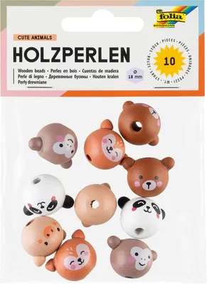 Produktbild von folia 22983 - Holzperlen CUTE ANIMALS, 10 Stück | Bastelperlen zum Auffädeln, ca. 18 mm, Perlen aus100% Holz, in 5 Tier-Motiven
