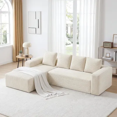 Produktbild von Ecksofa L-Form, Modernes Modular Sofa mit Cord-Bezug, Tiefsitz, Keine Montage, Weiß, Wohnzimmer Schlafzimmer