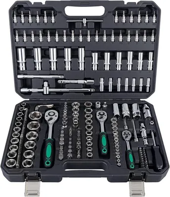 Imagen del producto de Juego de llaves de vaso de 202 piezas, 1/4", 3/8" y 1/2", con caja de trinquete, fabricado en acero CR-V