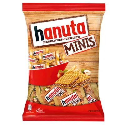 Zdjęcie produktu dla Hanuta Minis indywidualnie pakowane chrupiące mini plasterki orzechów laskowych 200g