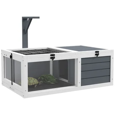 Produktbild von PawHut Käfiggehege für kleine Tierschildkröten mit 2 Räumen, Lampenhalter und 2 verschiebbaren Tabletts, 81 x 48 x 31,5 cm – graues Massivholz