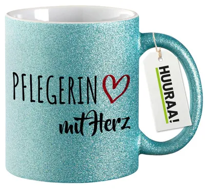 Produktbild von Huuraa Glitzertasse Pflegerin mit Herz 330ml Blau Keramik Kaffeebecher Geschenkidee